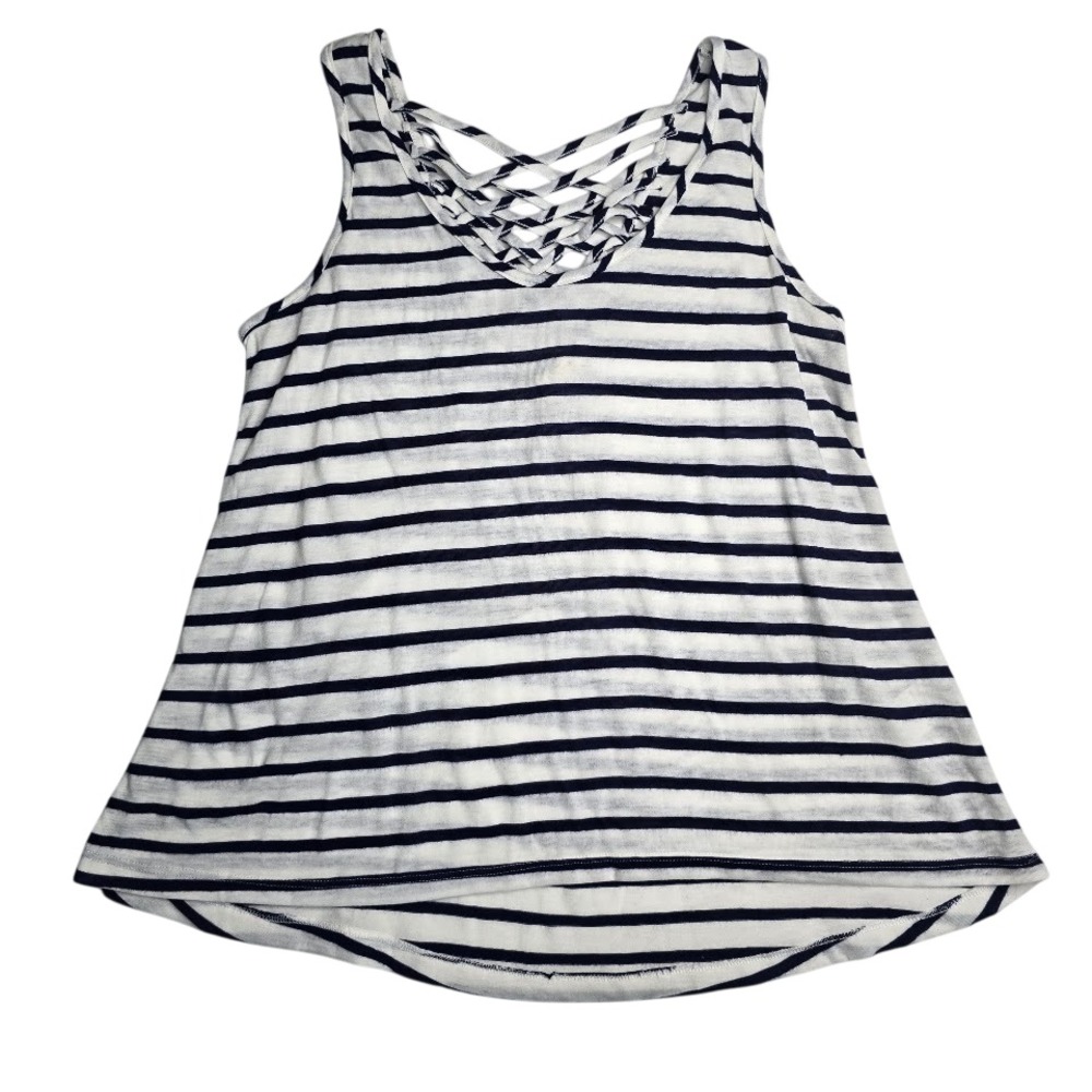 Lagaci‎ Striped Tank Top Womens M White Navy Blue Lattice Back Nautical Sailing